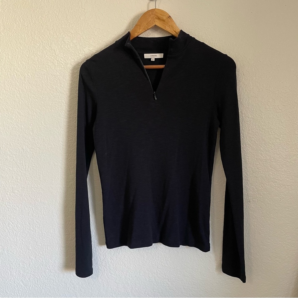 Vince Quarter Zip Long Sleeve Knit Heathered Black Grey Shirt Lightweight